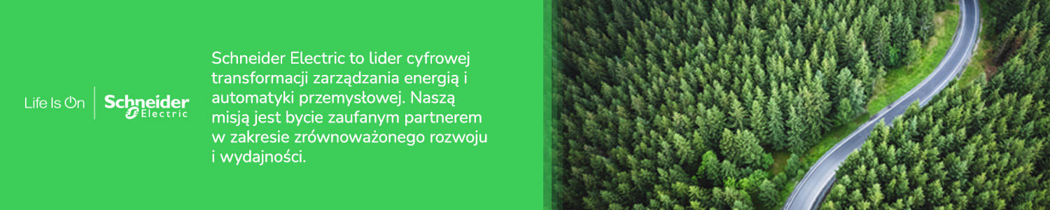 Logo marki Schneider Electric, claim mówiący o tym, że marka jest liderem cyfrowej transformacji zarządzania energią oraz zdjęcie asfaltowej drogi pośród lasu, ujęcie z lotu ptaka.